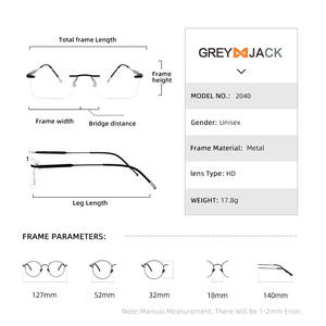 Lunettes optiques sans monture Greyjack, monture en métal carrée, unisexe, taille moyenne, verres en acrylique pour la vision de près - Product Image 5