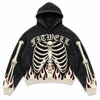 Sweat à capuche noir délavé vintage personnalisé avec motif crâne et torse en flammes, style streetwear pour marques de mode à marque privée