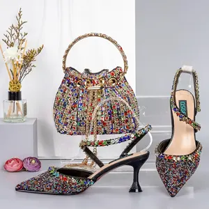 2023 Popular And Fashionable Rainbow Color Shoes And Bag Set With Beads For Women High Heal 7.5 CM And Bag Sets For Women Wear