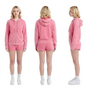 Ensemble survêtement décontracté 2 pièces pour femme : sweat à capuche rose zippé et short délavé - Product Image 1