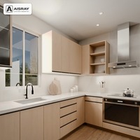 Meuble de cuisine en bois massif sur mesure, aménagement en L contemporain, unités modulaires, boîtes en panneaux de particules et tiroirs à fermeture amortie