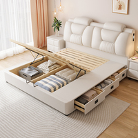 Lit double moderne minimaliste de style normcore, grand lit de mariage, chambre principale, lit en cuir multifonctionnel, rangement en bois