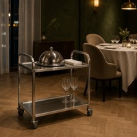 Chariot utilitaire double niveau de qualité commerciale, chariot de stockage alimentaire en acier inoxydable 201, capacité de 50 kg/étagère, 4 roulettes pivotantes avec freins