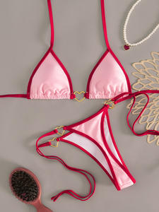 Ensemble de bikini 2 pièces en dentelle de couleur unie à découpe haute sur le devant avec cordon de serrage, séchage rapide, nylon, vêtements de plage pour femmes, été - Product Image 5