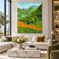 Peinture sur toile peinte à la main, champ de fleurs sauvages orange, collines vertes, montagnes bleues, décoration murale pour salon