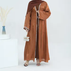 2024 Nieuwe Collectie Islamitische Moslim Vrouwen 2 Delige Abaya Set Dubai Turkey Zomer Shinny Polyester Glitter Open Abaya Set