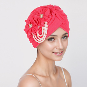 HZM-24299 nouvelles musulman fleur tête casquette Logo personnalisé bandeau femmes élastique perle turban chapeaux - Product Image 3