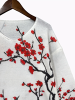 Pull en tricot pour femme, motif fleur de prunier rouge, nouveau style chinois 2026, col en V, coupe oversize, imprimé floral numérique