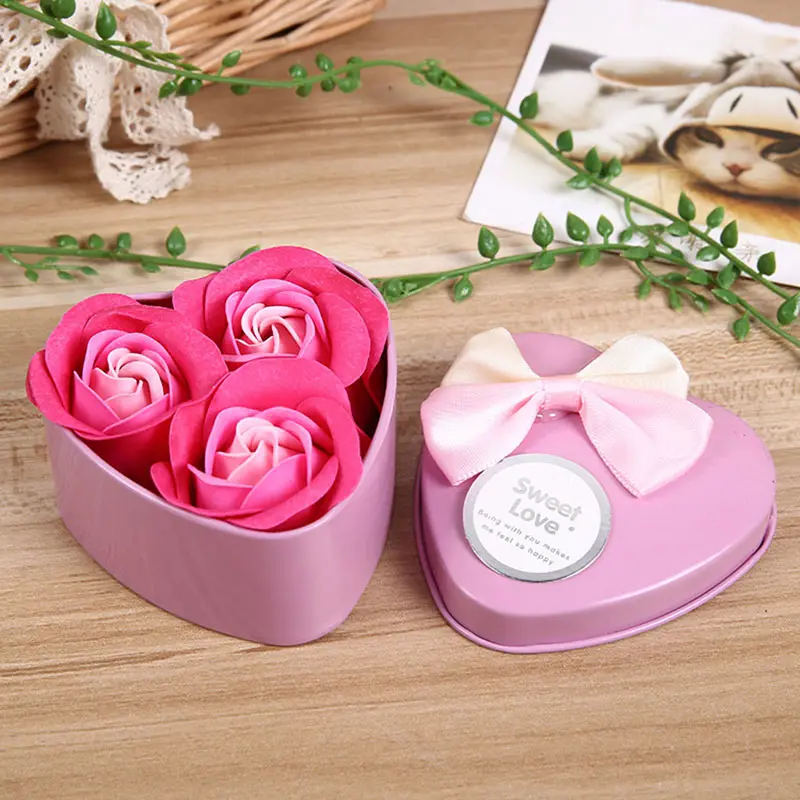 DREA Set Hadiah Pernikahan, Set Hadiah Pernikahan 3 Bunga Mawar Sabun Dalam Kotak Kaleng untuk Hadiah Ulang Tahun Wanita
