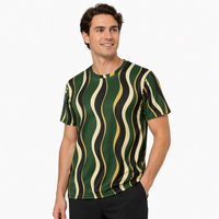 T-shirt pour homme en popeline 3D AOP 100% polyester vert forêt à rayures ondulées, séchage rapide, respirant, col rond, prêt à être expédié avec motif