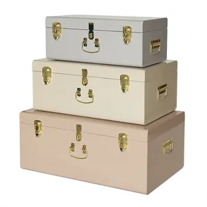 Set Of 3 Pink Beige Grey Colors Metal Storage Trunks For Home Decoration With Gold Lock Accessories