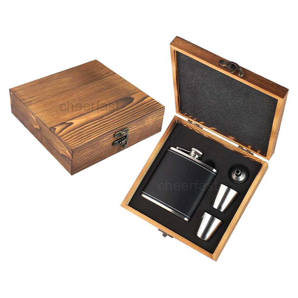 6 oz black PU leather hip flask