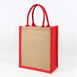 Accepter Logo personnalisé Toile de jute en lin de chanvre naturel Sacs fourre-tout en tissu de jute rouge Shopping en gros