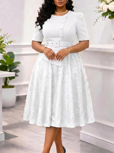 Abito Midi Elegante da Donna a Vita Alta in Pizzo, <span class=keywords><strong>Taglie</strong></span> Forti, Effetto Due Pezzi, Linea ad A, con Cintura e Inserti in Pizzo - Product Image 3