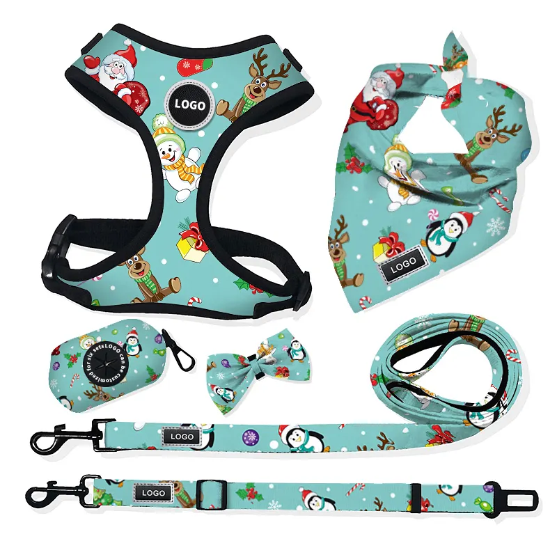 Cute print complete 6 pcs dog harness set Christmas pet collar dog harness leash set Christmas pet bandana