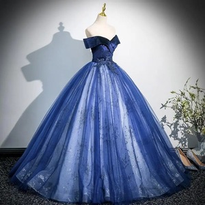 Elegant Navy Blue Off-The-Shoulder Evening Dress With Floral Print And Sheer Layer Long Tutu Skirt Empire Waistline - Product Image 2