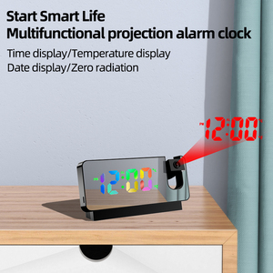 Hiện đại LED chiếu đồng hồ báo thức hiển thị kỹ thuật số Gương bề mặt pin hoạt động nhựa bảng đồng hồ nhiệt độ đài phát thanh Máy tính để bàn - Product Image 3