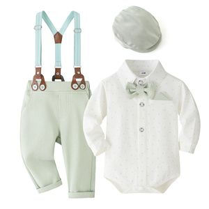 Catpapa Vente en gros Ensemble 4 pièces pour bébé <span class=keywords><strong>garçon</strong></span> 0-18 mois : Body, pantalon à bretelles, nœud papillon, <span class=keywords><strong>béret</strong></span> – Tenue de gentleman formelle - Product Image 5