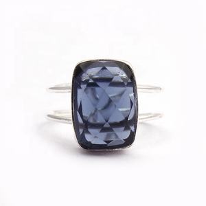 แหวนพลอยพลอยคาลซิโดนีสีฟ้าชุบเงินทำด้วยมือสายคู่ปรับได้รูปทรงแปดเหลี่ยมของขวัญเครื่องประดับแฟชัน - Product Image 4