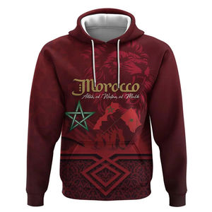 <span class=keywords><strong>Sudadera</strong></span> con Capucha de la Selección Nacional de <span class=keywords><strong>Marruecos</strong></span> para Hombre - Borgoña con León de Atlas, Estrella Verde y Bandera Marroquí, Estampado Completo con la Inscripción '<span class=keywords><strong>Marruecos</strong></span>' - Product Image 1