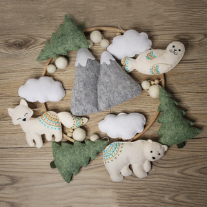 Motif de couture <span class=keywords><strong>mobile</strong></span> pour berceau en feutre de laine | Montagnes, nuages, renards, ours, arbre pour ornements de chambre de bébé - Product Image 4
