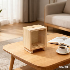 Minimalist Square Wooden Money <strong>Box</strong> <strong>with</strong> Key <strong>Lock</strong> Sliding Back Piggy Bank Coin Container for Kids - Product Image 2