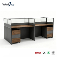 Poste de travail de bureau moderne et écologique avec cloison en verre dépoli, bureau à effet bois et tiroir de rangement mobile BIFMA