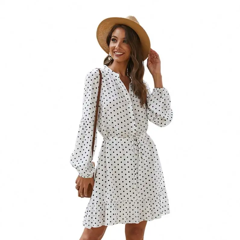 New Style Dress Polka Dot Women 100% Cotton Shirt Dress