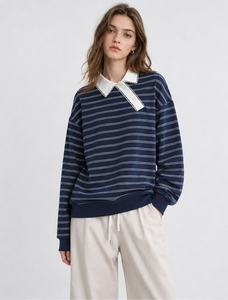 Sweat-shirt <span class=keywords><strong>polo</strong></span> rayé pour femme, manches longues, <span class=keywords><strong>col</strong></span> contrastant, coupe décontractée, fabrication sur mesure, marque privée, OEM, ODM - Product Image 2