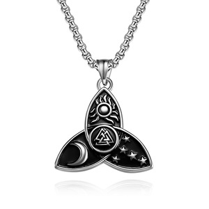 Collier vintage nordique avec nœud celtique triangulaire, pendentif mythologique Odin étoile lune soleil trinité en acier titane - Product Image 4
