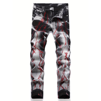 Jeans droits pour hommes en denim extensible, délavé fumé, effet vieilli, avec broderie zigzag rouge, vente en gros, OEM personnalisé