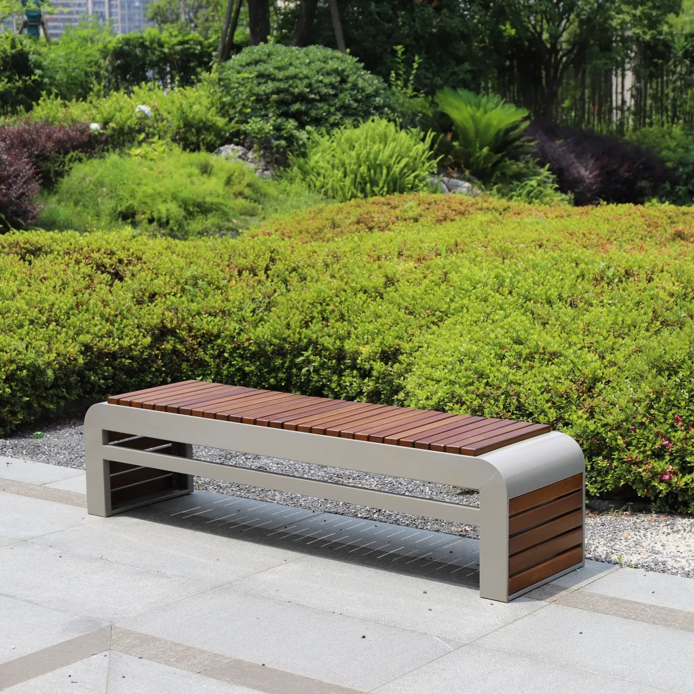 black outdoor public city furniture metal waiting seat wooden urban bench for parks and plazas