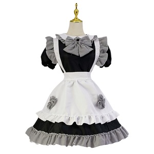 Maid Costume Dress Black White Checkered Bow Adult Women Anime Cosplay Outfit 4 Piece Set - Product Image 5