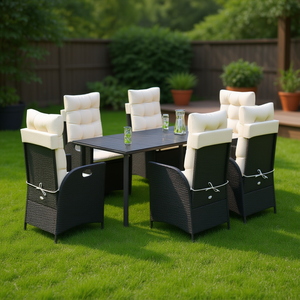 Ensemble de salle à manger de jardin en rotin blanc crème et noir, 6 places, résistant aux intempéries, mobilier d'extérieur au design contemporain - Product Image 2