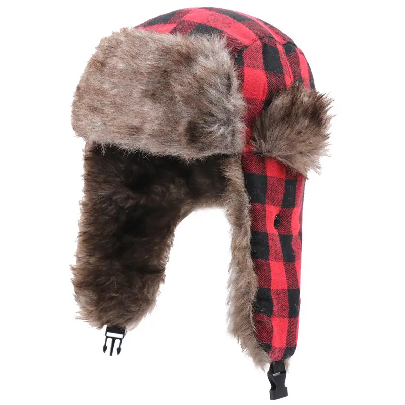 Unisex Warm Russian Faux Fur Ear Flap Hat Cap Hunter Hunting Winter Warm Windproof Plaid Troop Trapper Hats For Men