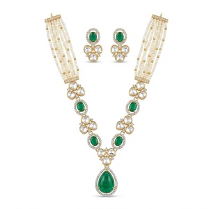 Elegant Green Stone Pearl 925 Silver Necklace Set Gold Moti Pearls and Moissanite Accents for Women Wedding <b>Gift</b> Jewelry - Product Image 1