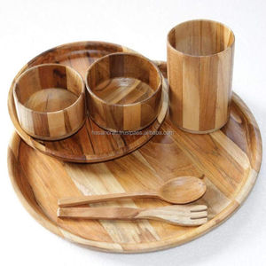 Vente en gros 100% Service de table en bois naturel fait à la main écologique 2 bols 2 verres 2 cuillères 2 assiettes Maison Hôtel Utilisation alimentaire - Product Image 1