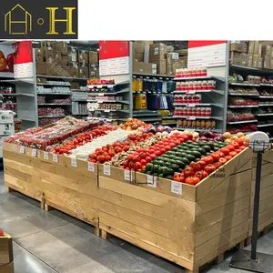 Desain Interior Supermarket komersial rak pajangan buah dan sayuran kayu peralatan Supermarket