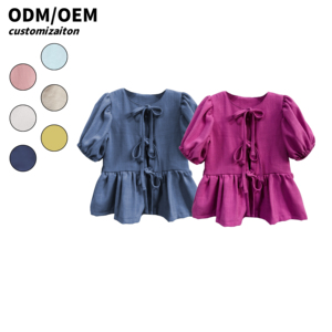 Top de manga farol con cordones, blusas de lino y algodón para niña, camiseta bonita para niños - Product Image 1