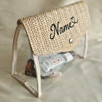 OEM Personalisierte Sommer-Strand-Stroh-Gewebte Transparente PVC-Umschlagtasche mit Druckknopf Bestickte Reise-Toilettenartikel-Kosmetiktasche