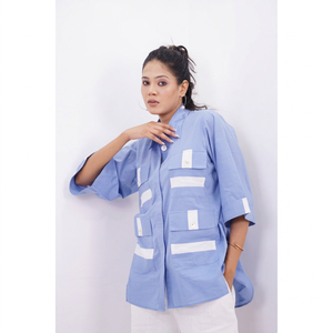 Camisa de Mujer Azul de Algodón Tejido con Bloques de Color, Manga Kimono, Botones, Corte Holgado, Informal, con Bolsillos, para Todas las Temporadas - Product Image 1