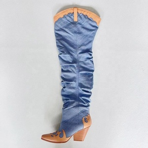 Pointy Toe Cow Print Design High Chunky Heel Boots Loose Leisure Over Knee High Booties Women Patchwork Denim <b>Shoes</b> Mixed Color - Product Image 2