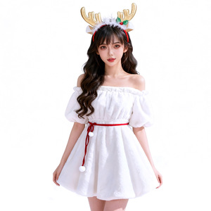 Robe de Noël blanche à épaules dénudées, coupe trapèze, avec bandeau tête de renne, tenue de fête de fin d'année - Product Image 5