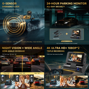 Caméra embarquée Podofo 3 pouces 4K à triple objectif avec GPS intégré, enregistrement en boucle Wi-Fi, vision nocturne, détection de mouvement - Fournisseur mondial en gros - Product Image 3