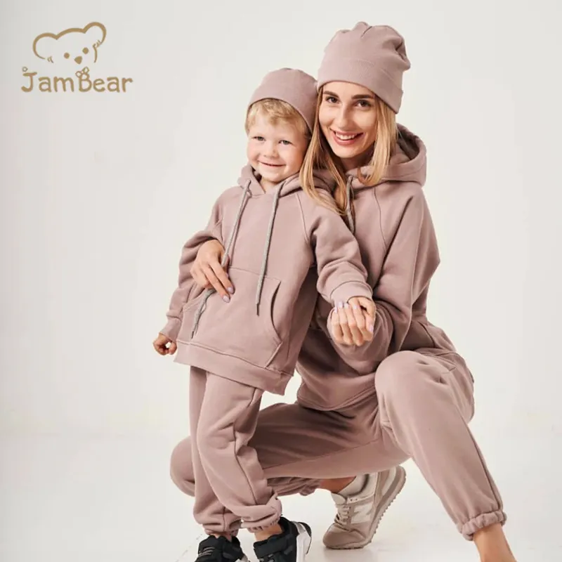 Felpa e pantaloni della tuta da donna e da bambino in cotone organico personalizzato Jambear set di felpe con cappuccio da donna e da bambino