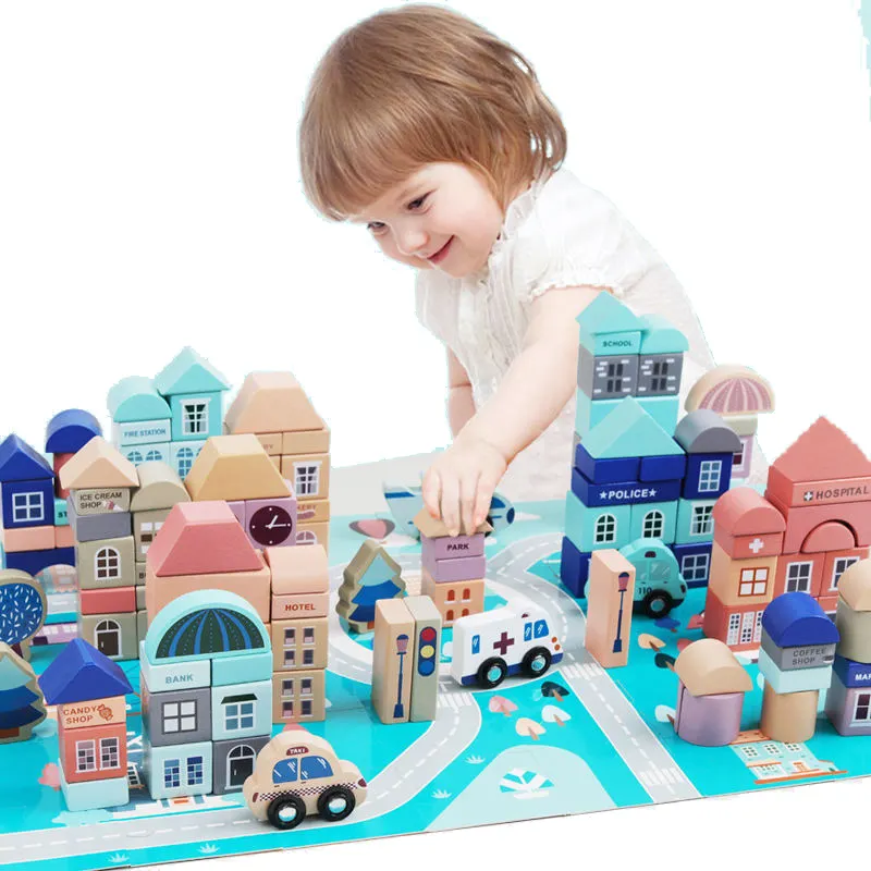 3D DIY Wooden Building Blocks Set Montessori Toys Educational Geometric Shapes Assembled Building City Scenes Wooden Blocks Toy