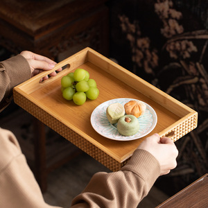 Household bamboo and wood <b>tea</b> <b>tray</b> with handle, rectangular dry brewing <b>tea</b> <b>tray</b>, suitable for <b>tea</b> room and living room storage. - Product Image 2