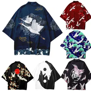 Японское кимоно традиционная одежда журавль Карп Аниме кимоно рубашка женская Самурай хаори Хомбре юката Мужская кардиган рубашка