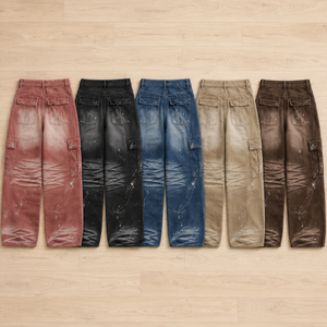 Pantaloni Cargo Larghi da Uomo Rossi Lavati con Strass, Effetto Acido, Multitasche, Gamba Larga, Stile Streetwear, Personalizzabili, Vendita all'Ingrosso - Product Image 4