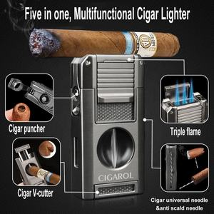 Couteau à cigare multifonctionnel coupe-V, coupe-vent, écologique, rechargeable, en alliage de zinc, briquet cadeau d'affaires avec torche à 3 flammes, fonction fumée - Product Image 4